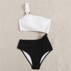 Двухцветный слитный купальник на одно плечо Shein