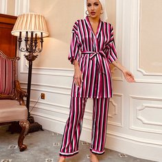 с поясом Полосатый Элегантный Комплект пижамы Shein