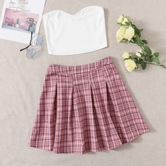 Однотонный короткий топ и плиссированная юбка в клетку Shein