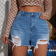 Рваные джинсовые шорты размера плюс с карманом Shein