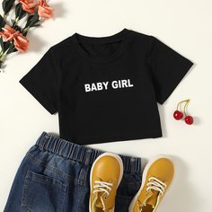 Короткая футболка с текстовым принтом для девочек Shein