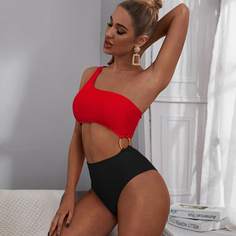 Двухцветный слитный купальник на одно плечо Shein