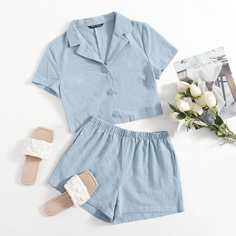 Однобортная однотонная блуза и шорты Shein