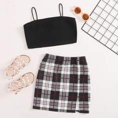 Однотонный топ на бретелях и юбка в клетку для девочек Shein