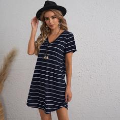 Платье в полоску с v-образным воротником Shein