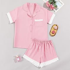 Ажурная вышивка Контрастный цвет Элегантный Комплект пижамы Shein