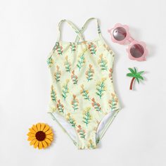 Слитный купальник с принтом растений для девочек Shein