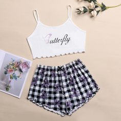 Пижама в клетку с принтом бабочки Shein