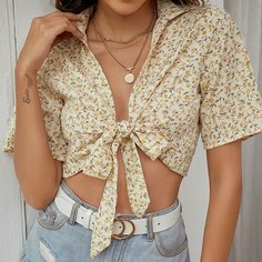 С батом перед цветочный Бохо Женские топы Shein