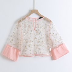 Сетчатый короткий топ с цветочной вышивкой Shein