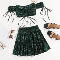 Топ с открытыми плечами в горошек и юбка Shein