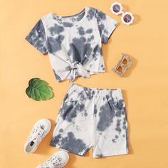 Шорты и футболка с узлом, принтом тай-дай для девочек Shein