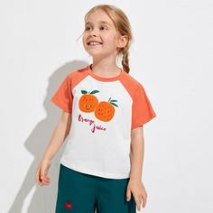 Футболка с контрастным рукавом и оранжевым принтом для девочек Shein