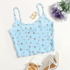 Топ на бретелях с отделкой салатом-латук и вишневым рисунком Shein