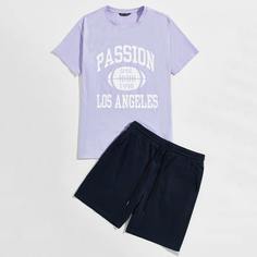 Мужские шорты на кулиске и топ с текстовым принтом Shein