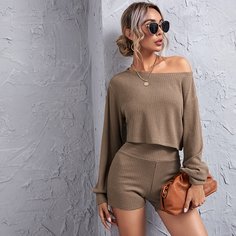 Вязаный кроп топ и шорты в рубчик Shein