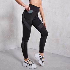 с карманами Контрастный цвет Спортивные леггинсы Shein