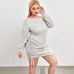 со сборками Одноцветный Повседневный Платья размер плюс Shein