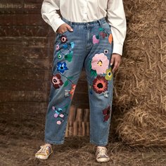 на пуговицах Со цветочками Джинсы размер плюс Shein