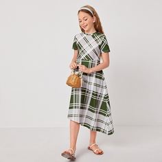 Асимметричное платье в клетку с застежкой сзади для девочек Shein