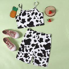 Байкерские шорты и топ с коровьим принтом для девочек Shein