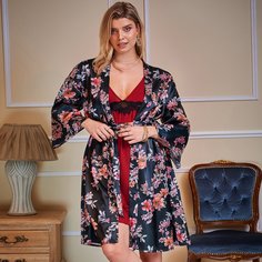 Атласный халат размера плюс с поясом и цветочным принтом Shein