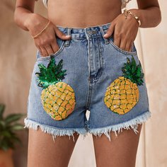 Джинсовые шорты с узором ананаса Shein