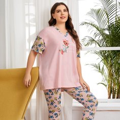 Пижама с цветочным принтом размера плюс Shein