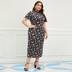 Платье с цветочным принтом и воротником-стойкой размера плюс Shein