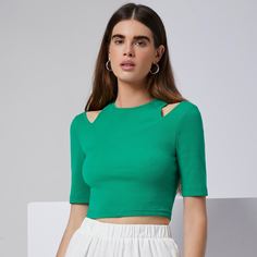Вязаная короткая футболка в рубчик с разрезом Shein