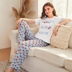 Пижама с текстовым и цветочным принтом Shein