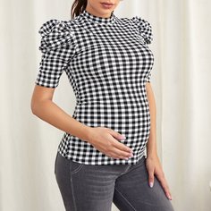 Клетчатый Элегантный Футболки для беременных Shein