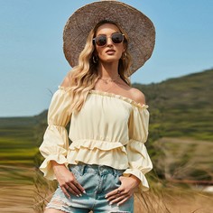 с оборками Одноцветный Бохо Блузы Shein