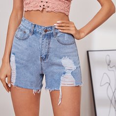 Рваные джинсовые шорты с высокой талией Shein