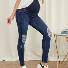 Рваные джинсы для беременных с широким поясом Shein