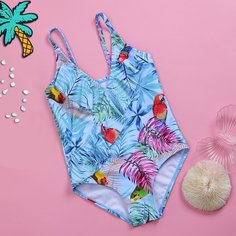 Слитный купальник с принтом растений и попугая для девочек Shein