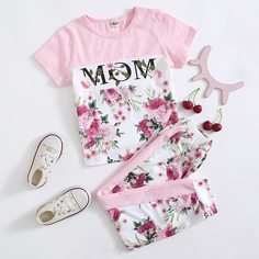 Спортивные брюки и футболка с цветочным принтом для девочек Shein