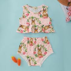 Шорты & майка с принтом цветка и кролика для девочек Shein