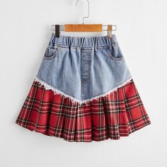 с карманами в клетку Джинсовые юбки для девочек Shein