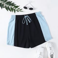 на кулиске Контрастный цвет Спортивный Шорты размер плюс Shein