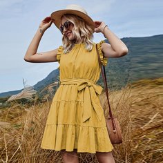 с оборками Одноцветный Бохо Платье Shein