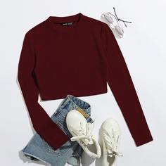Однотонная вязаная короткая футболка в рубчик Shein