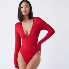 Однотонное боди с глубоким воротником Shein
