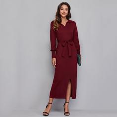 с поясом Одноцветный Повседневный Платья-свитеры Shein