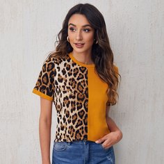 Контрастная футболка с леопардовым принтом Shein