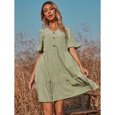 Платье со сборками в горошек и оборками на рукавах с оборками Shein