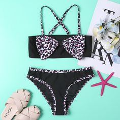 с бантом Леопардовый милый Купальники для девочек Shein