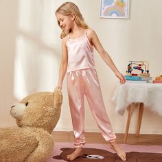 Однотонная атласная пижама для девочек Shein