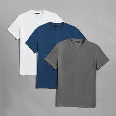 Мужская однотонная футболка с v-образным воротником 3шт Shein