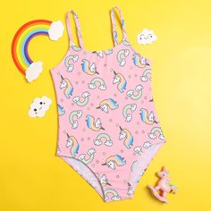 Слитный купальник с принтом единорога для девочек Shein